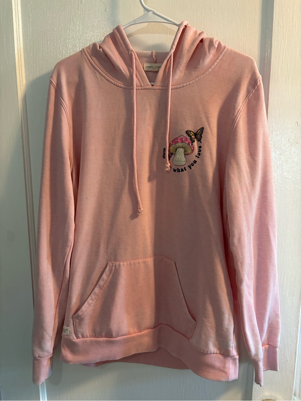 Simply Southern Pink Hoodie Sweater with Mushroom Embroidery